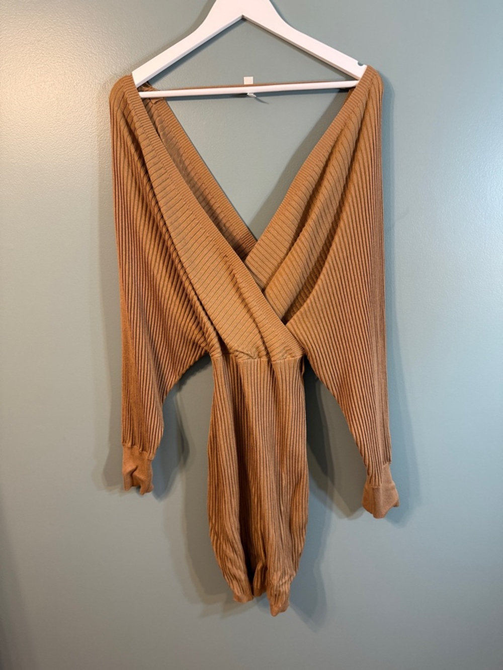 Fashion Nova Ribbed Long Sleeve Wrap Jumpsuit - Camel
